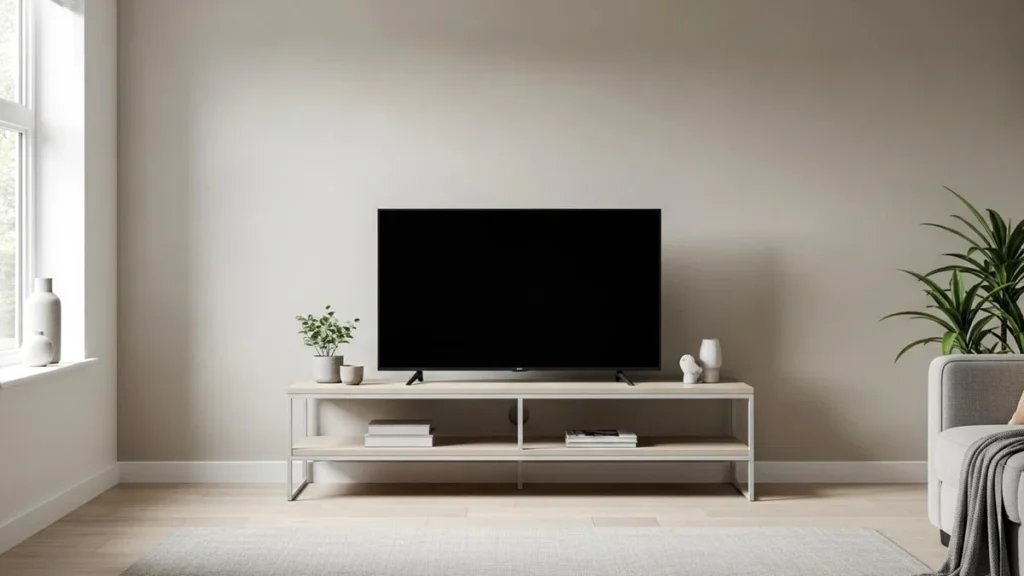 clean and minimal TV stand setup before decorating in a modern UK living room