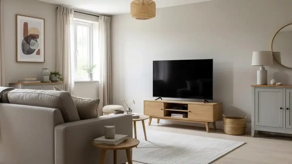 How high should a TV stand be for comfortable eye-level viewing in a modern UK living room