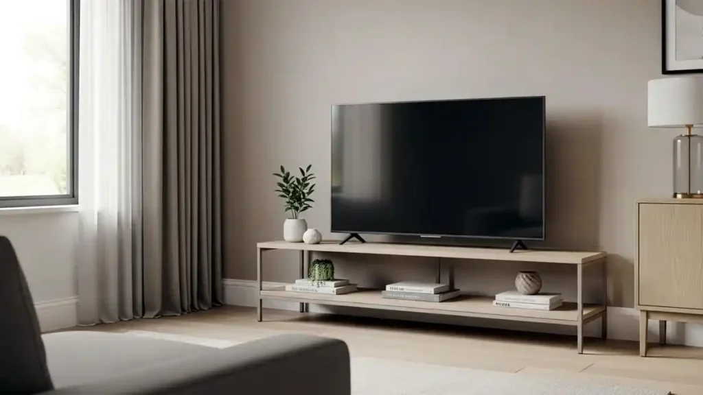 How to decorate a TV stand with a clean and balanced setup in a modern UK living room