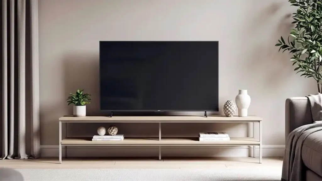 low and balanced TV stand decoration with minimal decor in a modern UK living room
