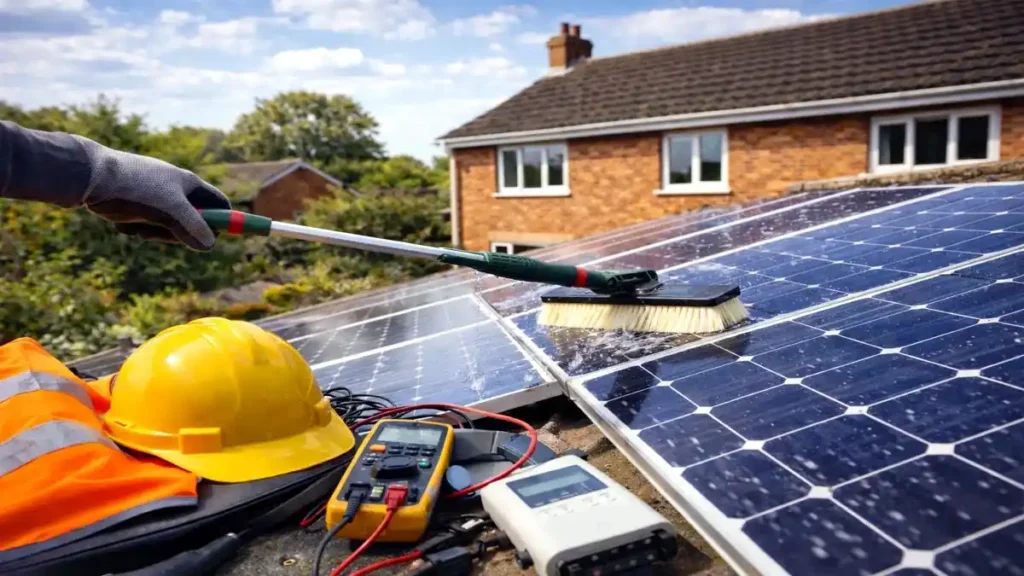 Solar panel maintenance and lifespan in the UK shown through routine cleaning and inspection on a residential rooftop system