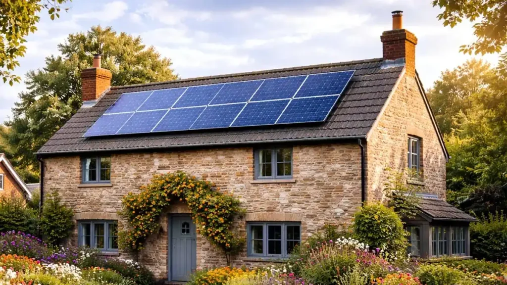 Solar panels pros and cons illustrated through a traditional UK home with rooftop solar panels
