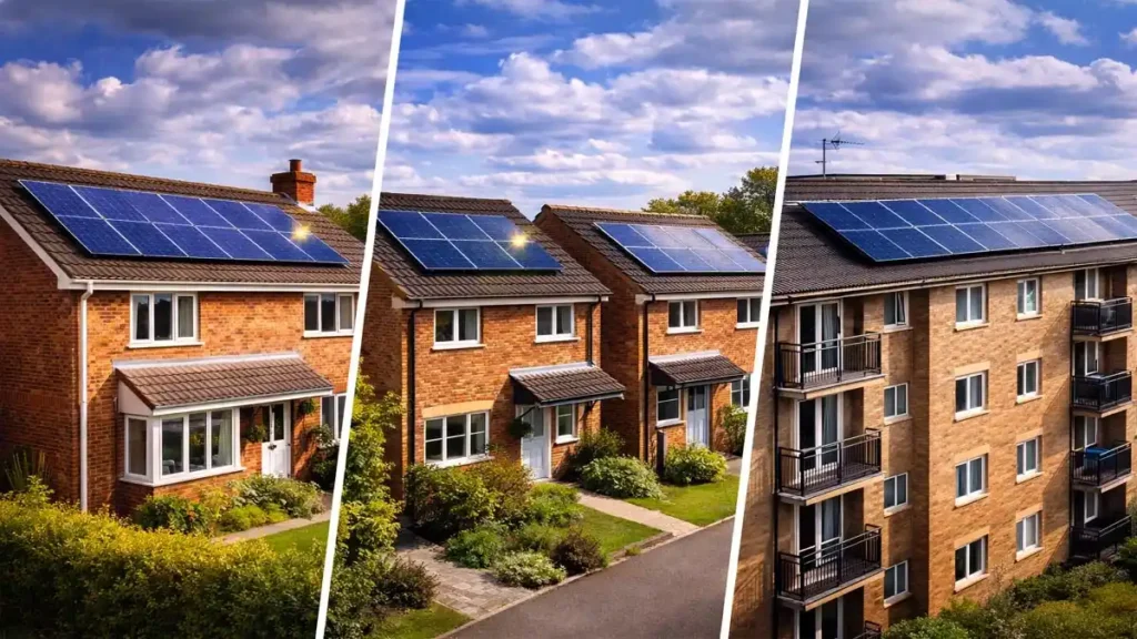 Solar panels for detached, semi-detached and flats in the UK shown on different residential property types