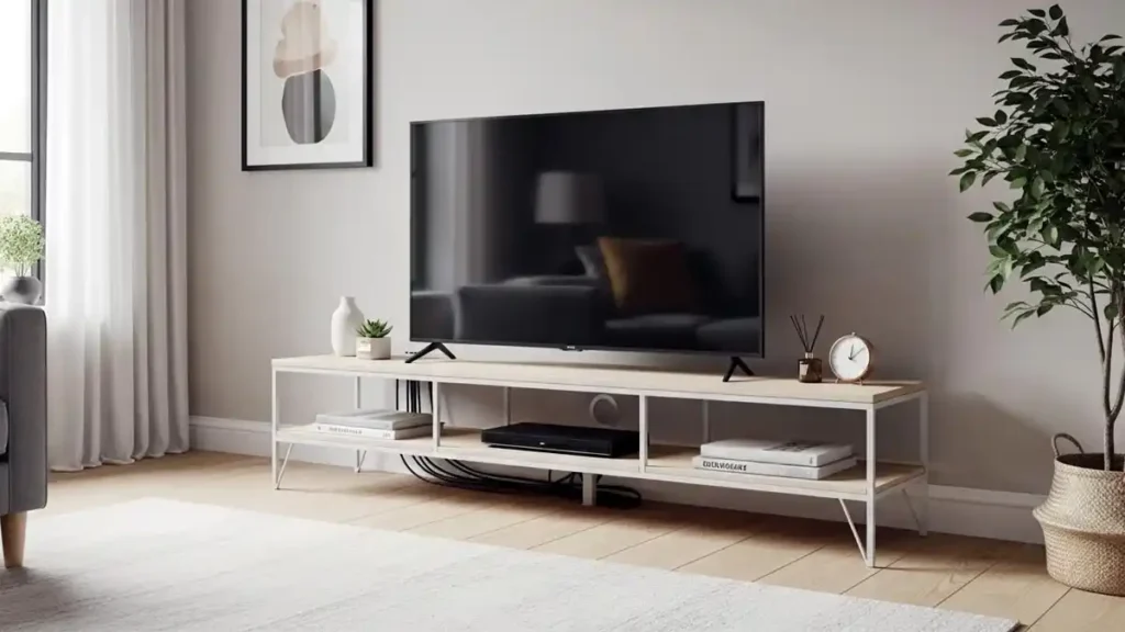 clean TV stand cable management with hidden wires in a modern UK living room