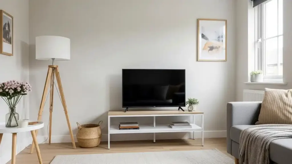 simple TV stand decoration in a small UK living space with a clean and open layout
