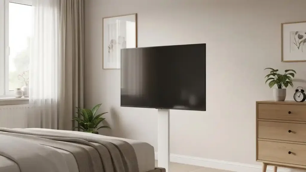 TV stand for bedroom shown in a calm UK bedroom with a comfortable and flexible TV viewing setup