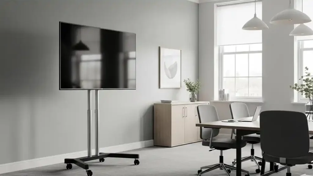 TV stand for office use shown in a modern UK meeting room with a flexible free-standing screen setup