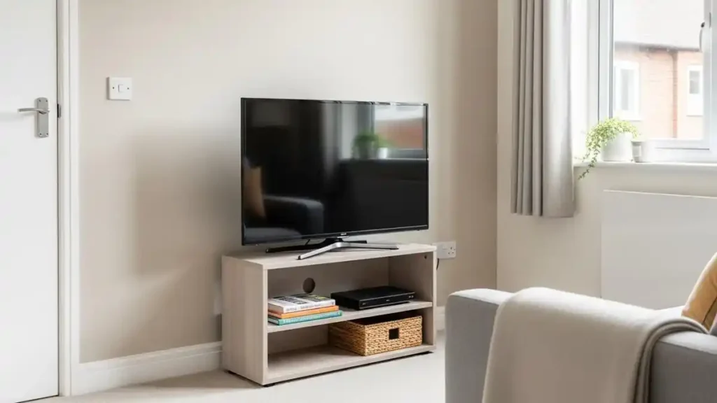 TV stand for small spaces shown in a compact UK living room with a slim and space-efficient TV setup