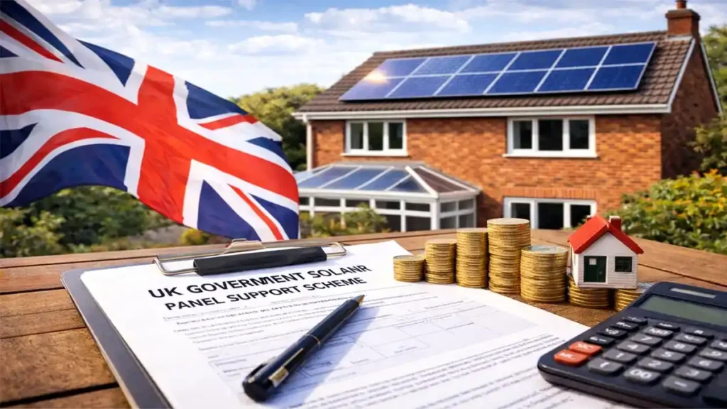 UK government solar panel schemes shown through a residential home with solar panels and policy-related context