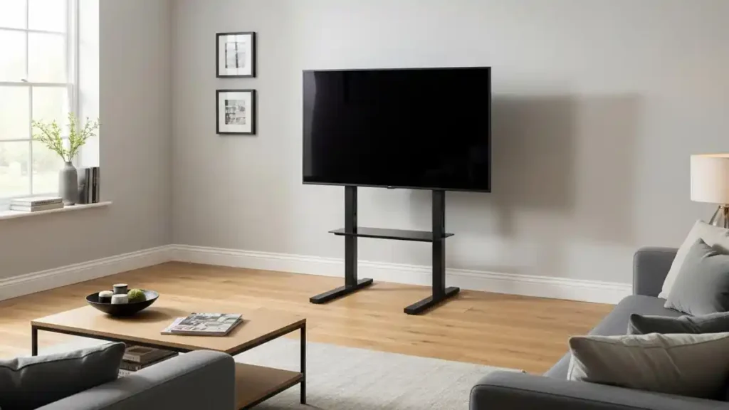 universal TV stand with adjustable brackets showing compatibility with different TV sizes